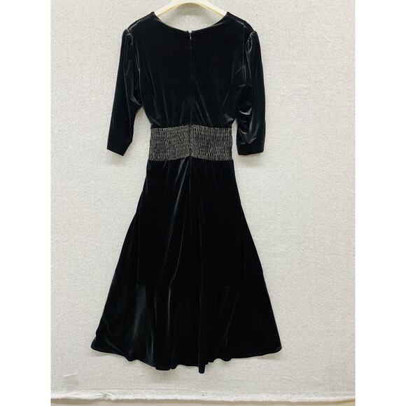 Maison Tara Dress Womens 10 Black Velvet Midi Smocked Waist Goth whimsigoth - Picture 6 of 8